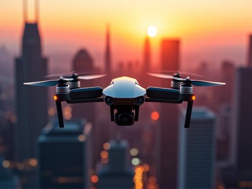 A drone hovering over a modern city skyline at sunset, capturing an aerial view.