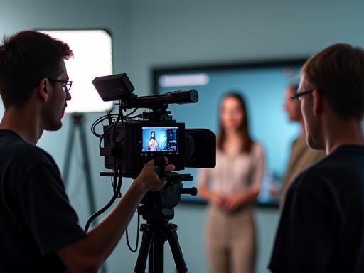 Videographer filming a subject in a professional setting, with camera and lighting equipment.